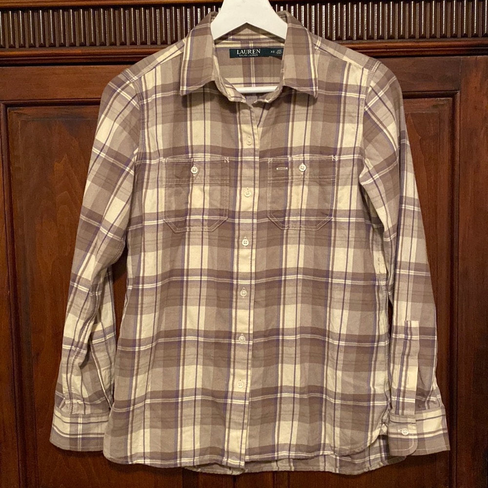 Ralph Lauren neutral plaid button front shirt 100% cotton classic soft XS